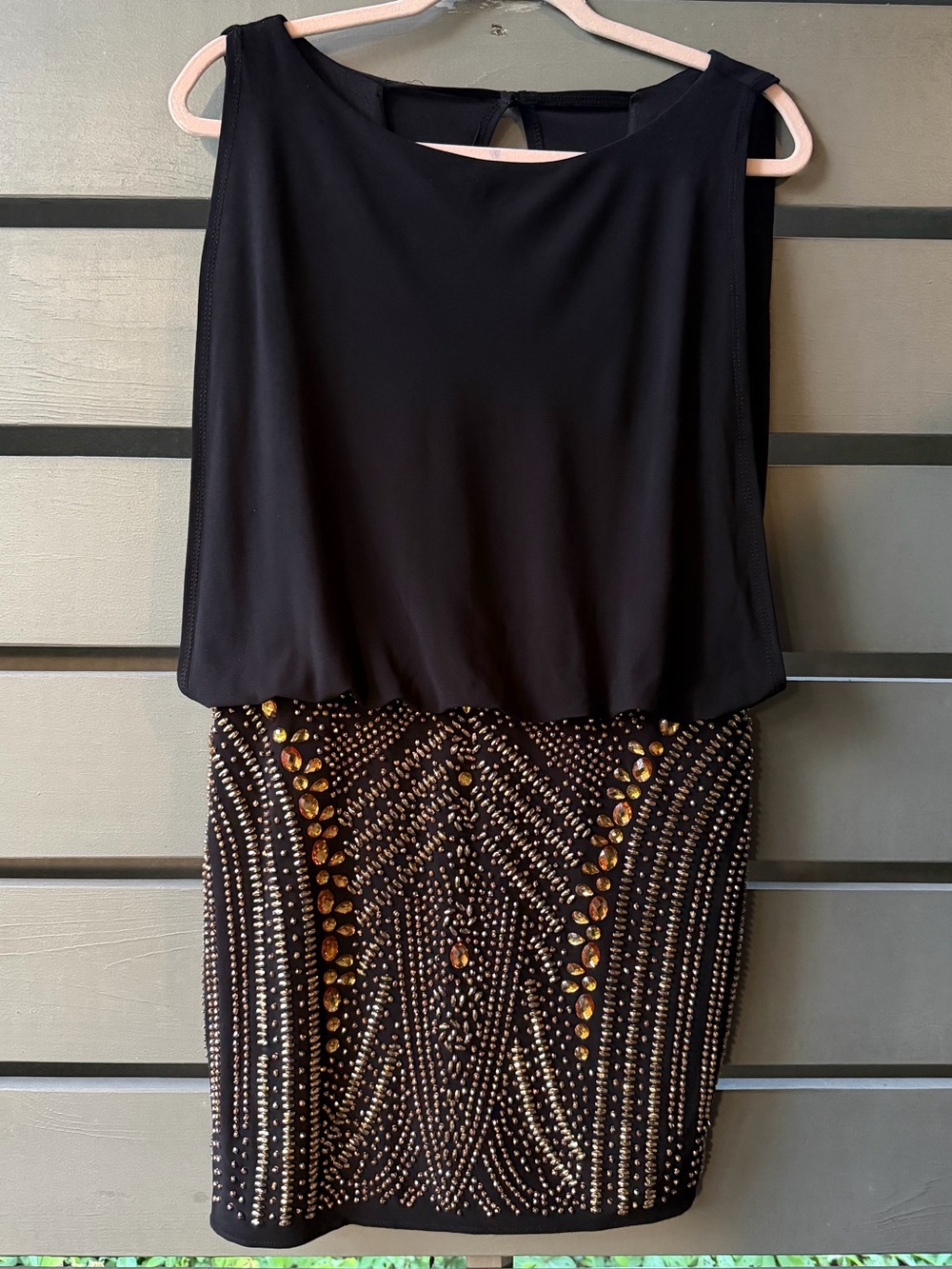 Betsy and Adam Black Beaded Cocktail Dress with Gold Embellishments